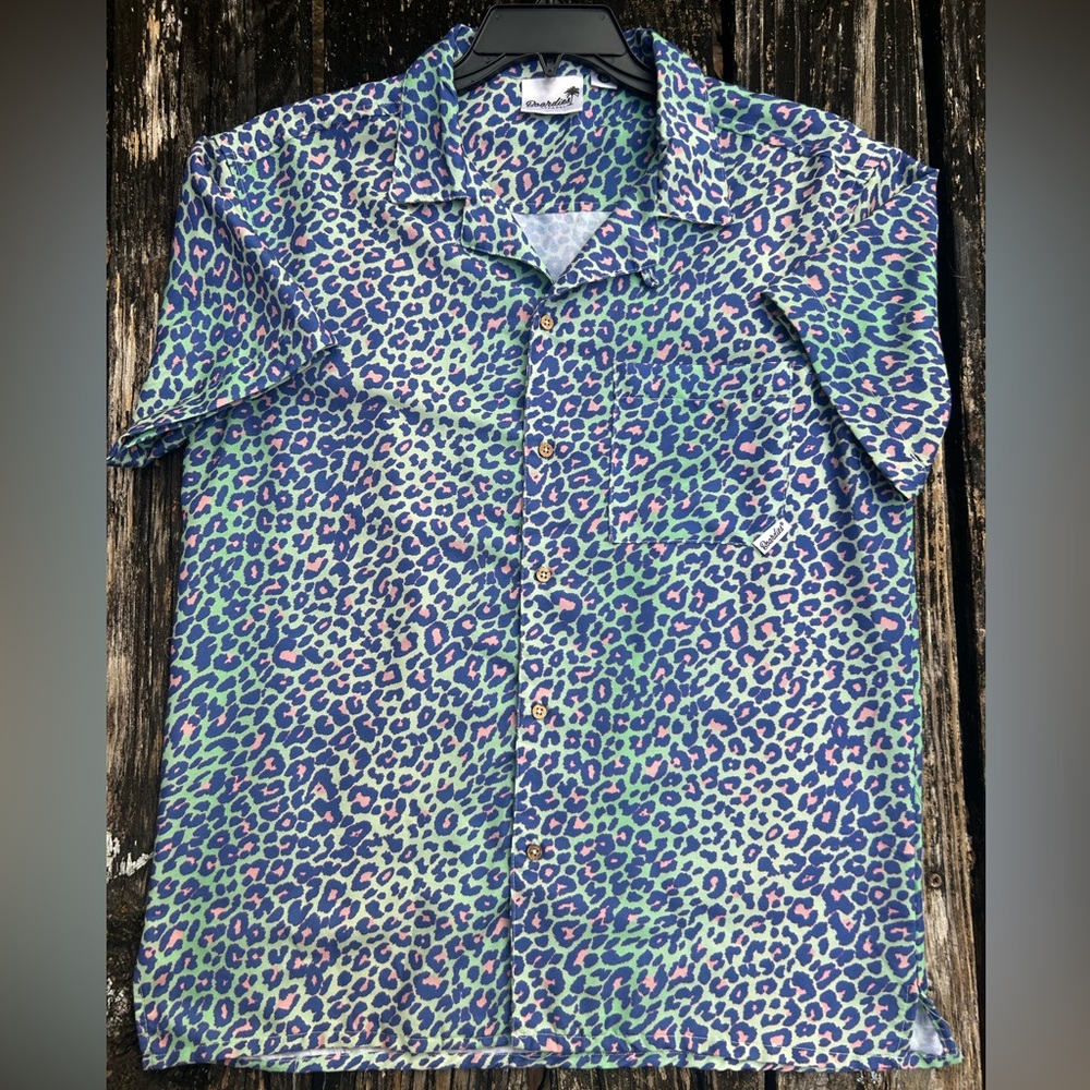 BOARDIES Apparel Lime Leopard S Short Sleeve Turquoise Pink Button Up Shirt G3 - Picture 2 of 7